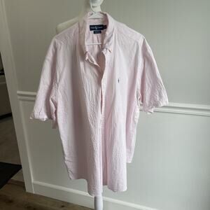 Ralph Lauren Shirt Men 2XL Pink White Striped Seersucker Short Sleeve Blake Prep